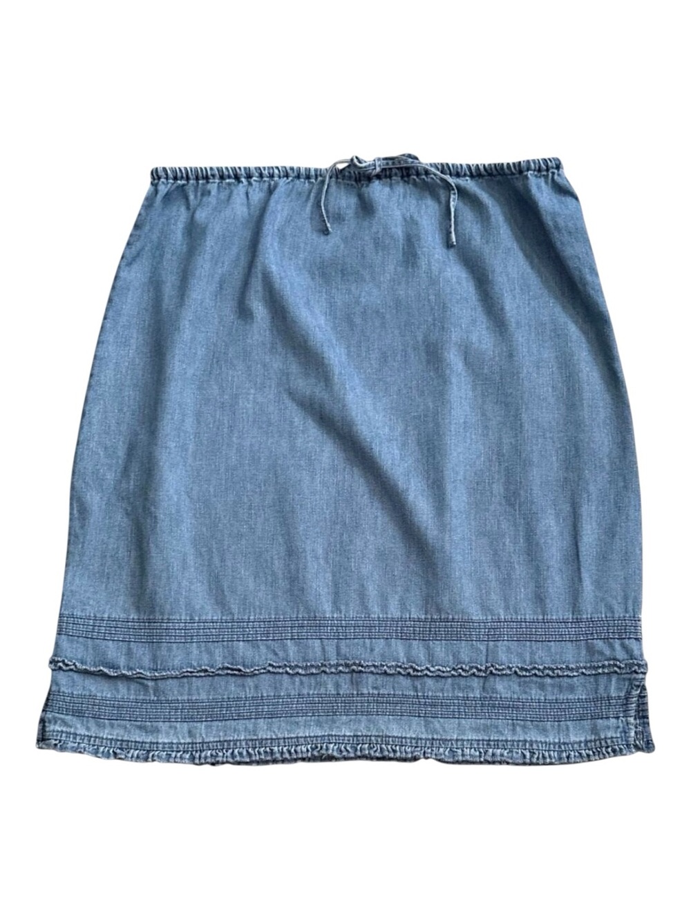 Faded Glory Chambray Skirt Womens Large Elastic Waist Drawstring Ruffle Hem Blue